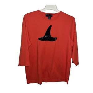 Hampshire Studio BOO Orange Halloween Shirt with Sequined Witch Hat Size Large